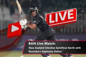 BAN vs NZ:Rachin Ravindra raises his bat after scoring a century in the ICC Champions Trophy against Bangladesh.